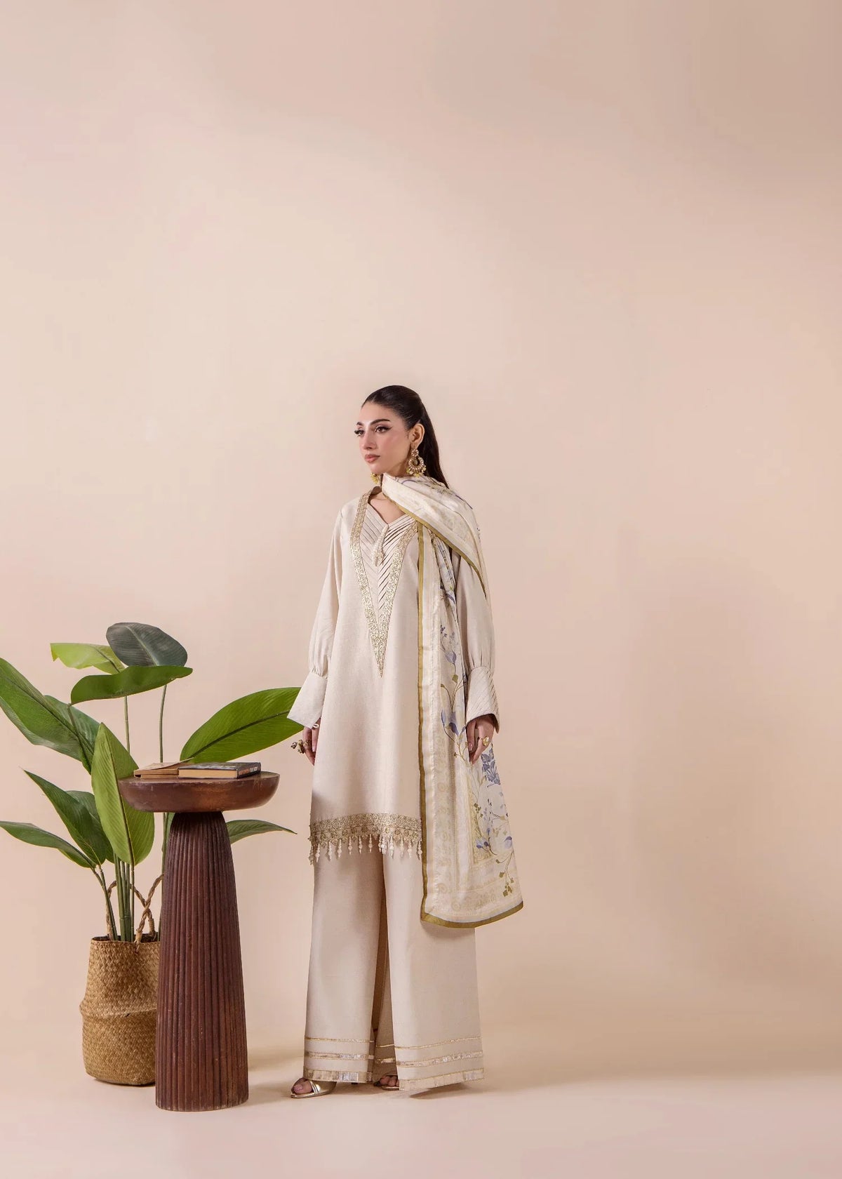 Ladies Beige Silk Embroidered Salwar Kameez Online in KSA Riyadh Saudi Arabia Oman Bahrain Qatar