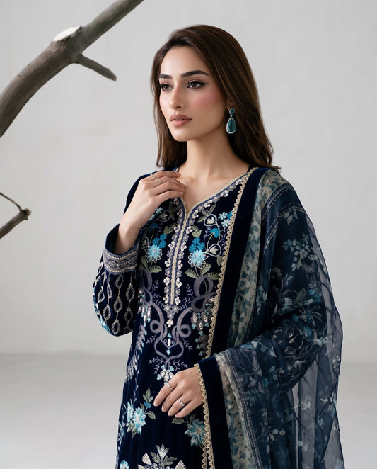 Ladies Blue Velvet Salwar Kameez with Pearl Stone Work Online in KSA Riyadh Saudi Arabia Oman Bahrain Qatar