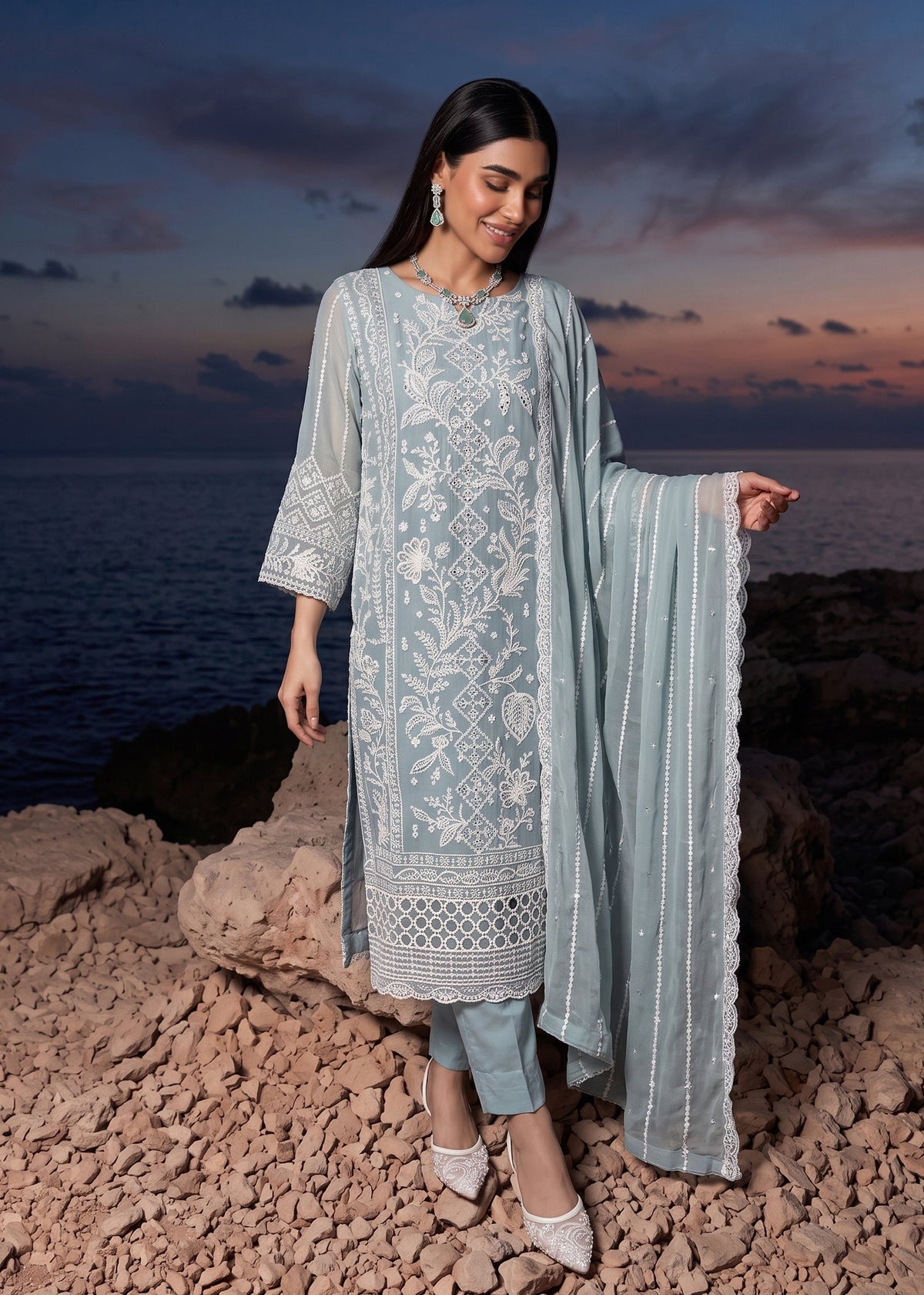 Ladies Embroidered Ice Blue Shalwar Kameez Online in UK USA Canada