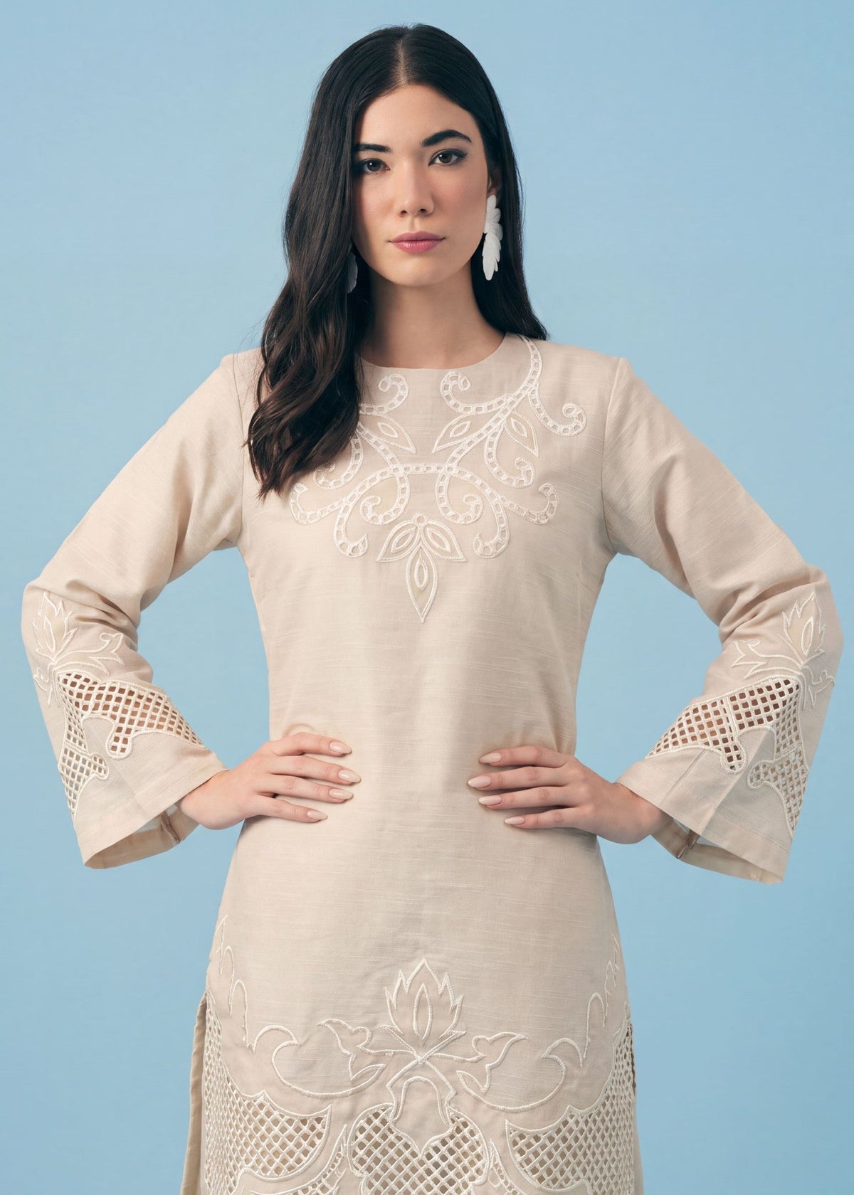 Ladies Embroidered Ivory Khaddar Kurta Set Online in UK USA Canada