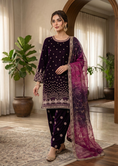 Ladies Embroidered Plum Shalwar Kameez Online in UK USA Canada