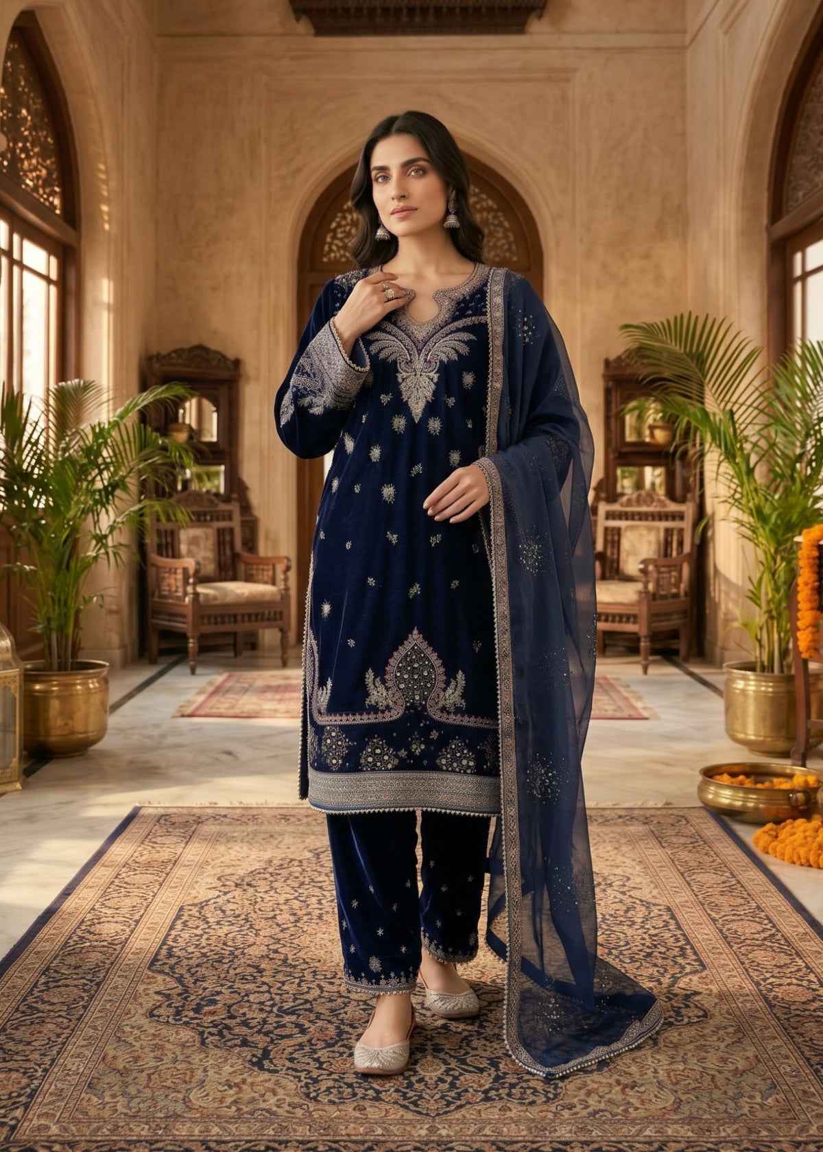 Ladies Navy Blue Velvet Shalwar Kameez Online in KSA Riyadh Saudi Arabia Oman Bahrain Qatar