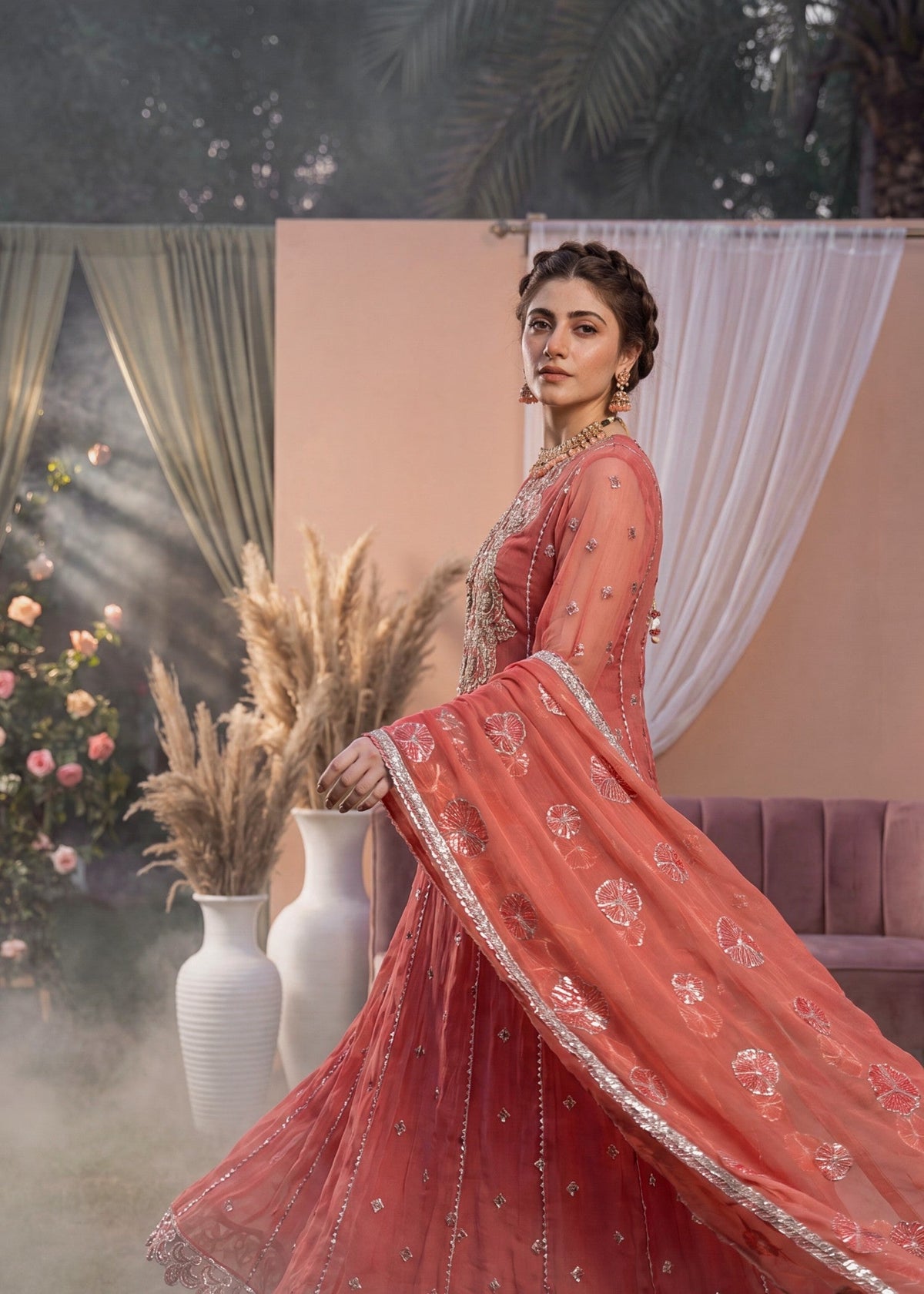 Ladies Partywear Peach Pink Chiffon Suit Online in UK USA Canada