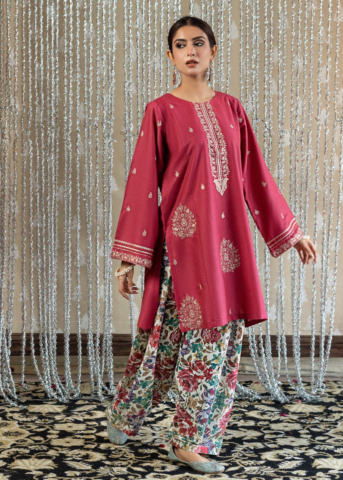 Ladies Raspberry Pink Floral Farshi Shalwar Kurta Set Online in UK USA Canada