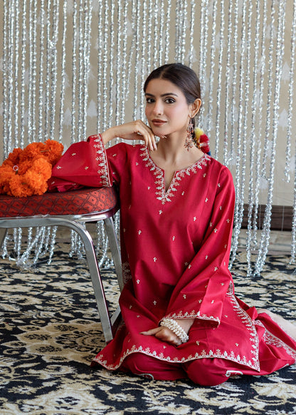 Ladies Red Embroidered Lawn Kurta Set Online in KSA Riyadh Saudi Arabia Oman Bahrain Qatar