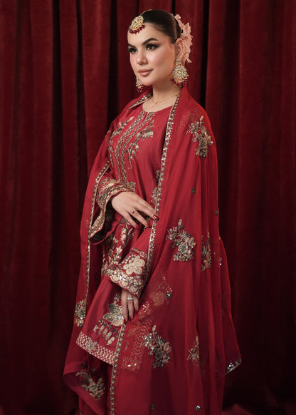 Ladies Red Embroidered Raw Silk Shalwar Kameez Online in UK USA Canada