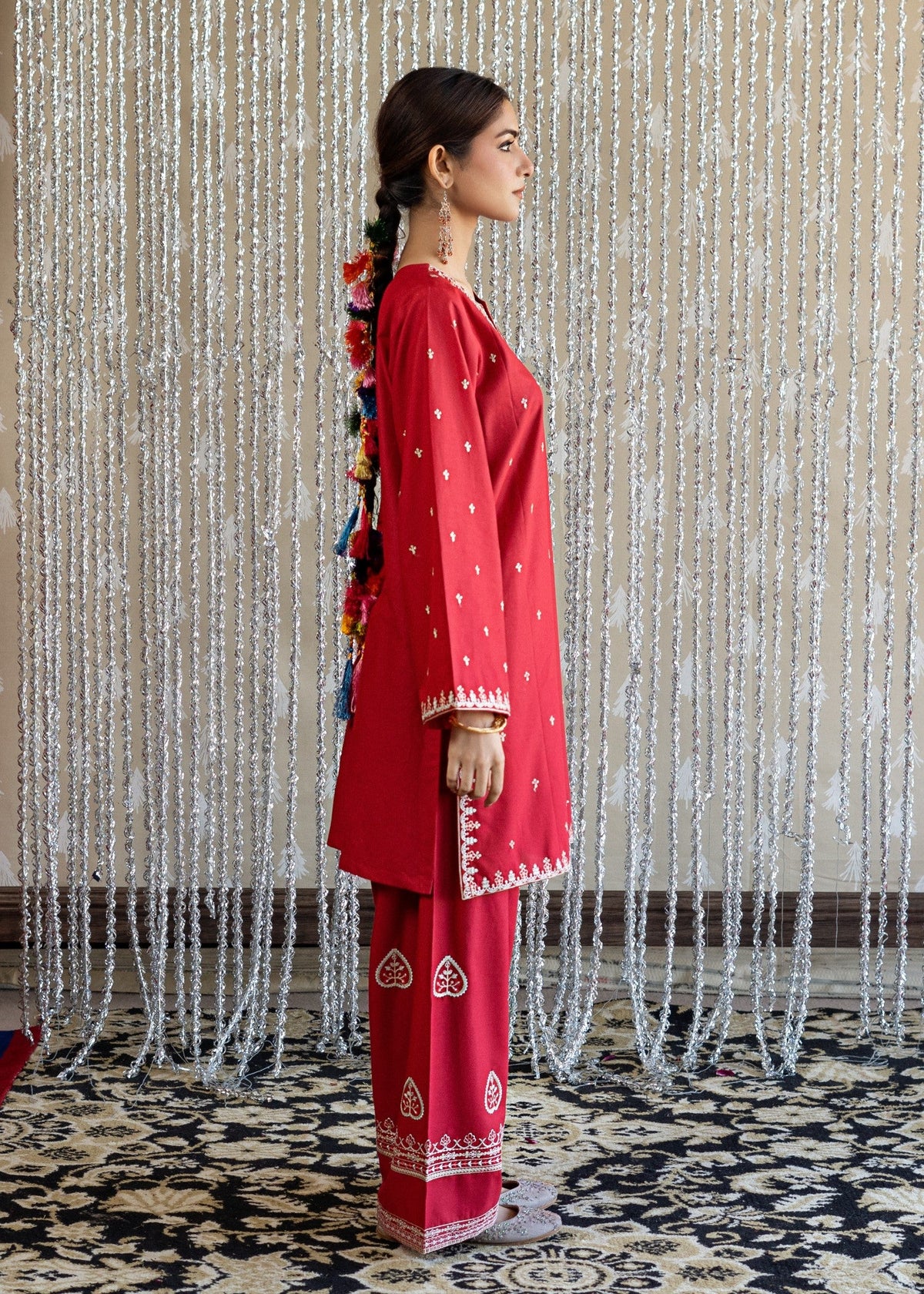 Ladies Red Lawn Farshi Shalwar Pakistani Salwar Kameez Online in KSA Riyadh Saudi Arabia Oman Bahrain Qatar