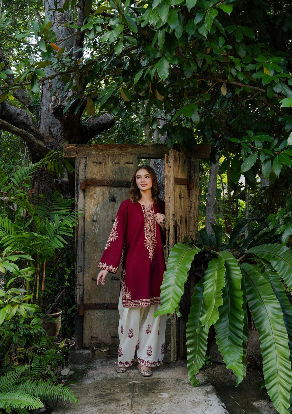 Maroon Embroidered Khaddar Daily Wear Kurta Set Online in Dubai UAE Abudhabi Ajman Sharjah
