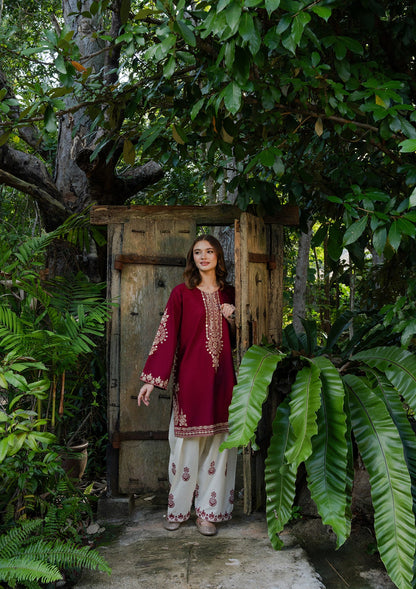 Maroon Embroidered Khaddar Daily Wear Kurta Set Online in Dubai UAE Abudhabi Ajman Sharjah