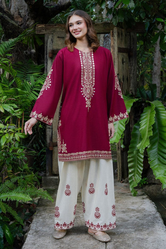Maroon Embroidered Khaddar Kurta Set Online in Dubai UAE Abudhabi Ajman Sharjah