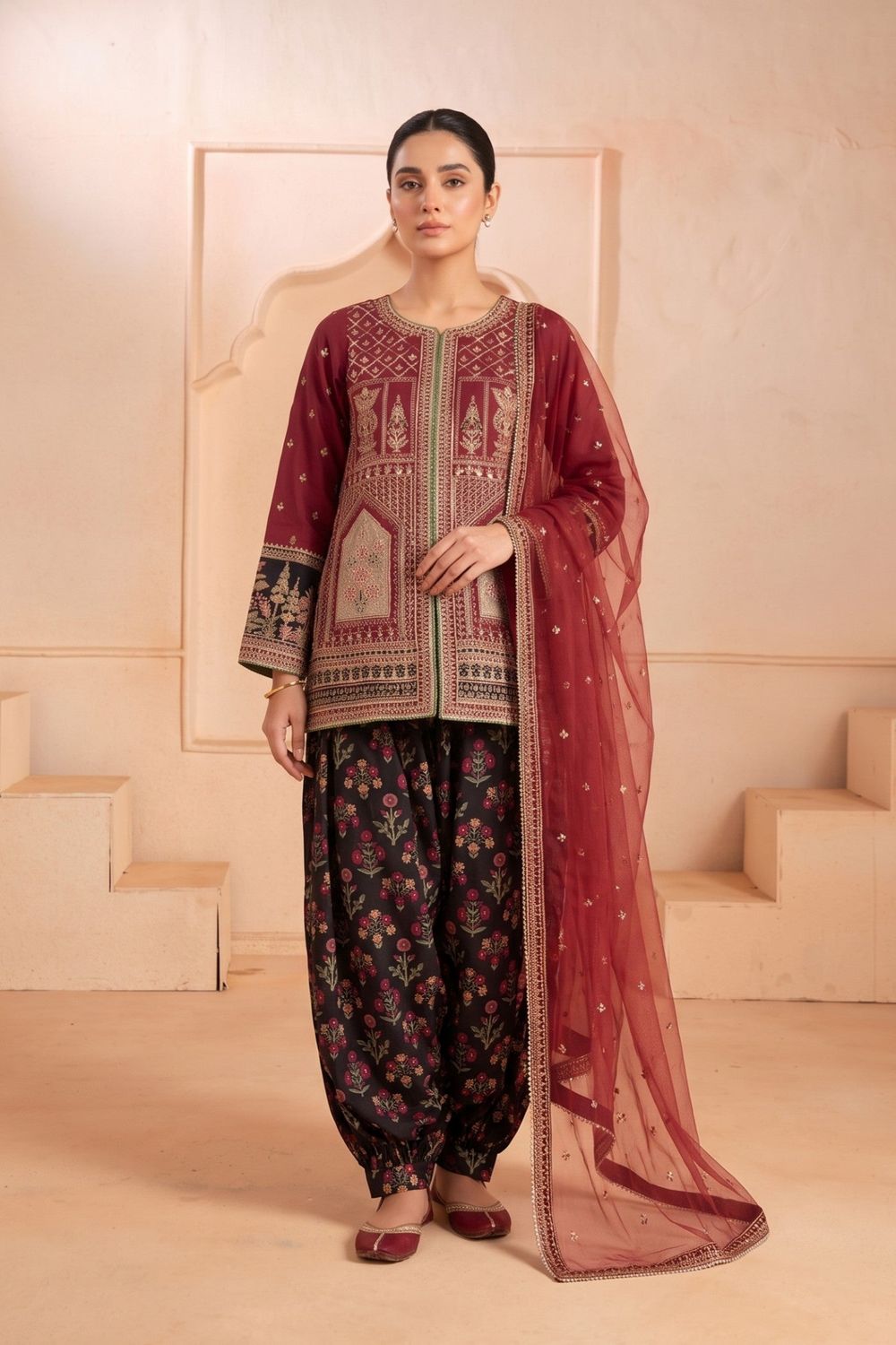 Maroon Embroidered Raw Silk Pakistani Suit Online in Dubai UAE Abudhabi Ajman Sharjah