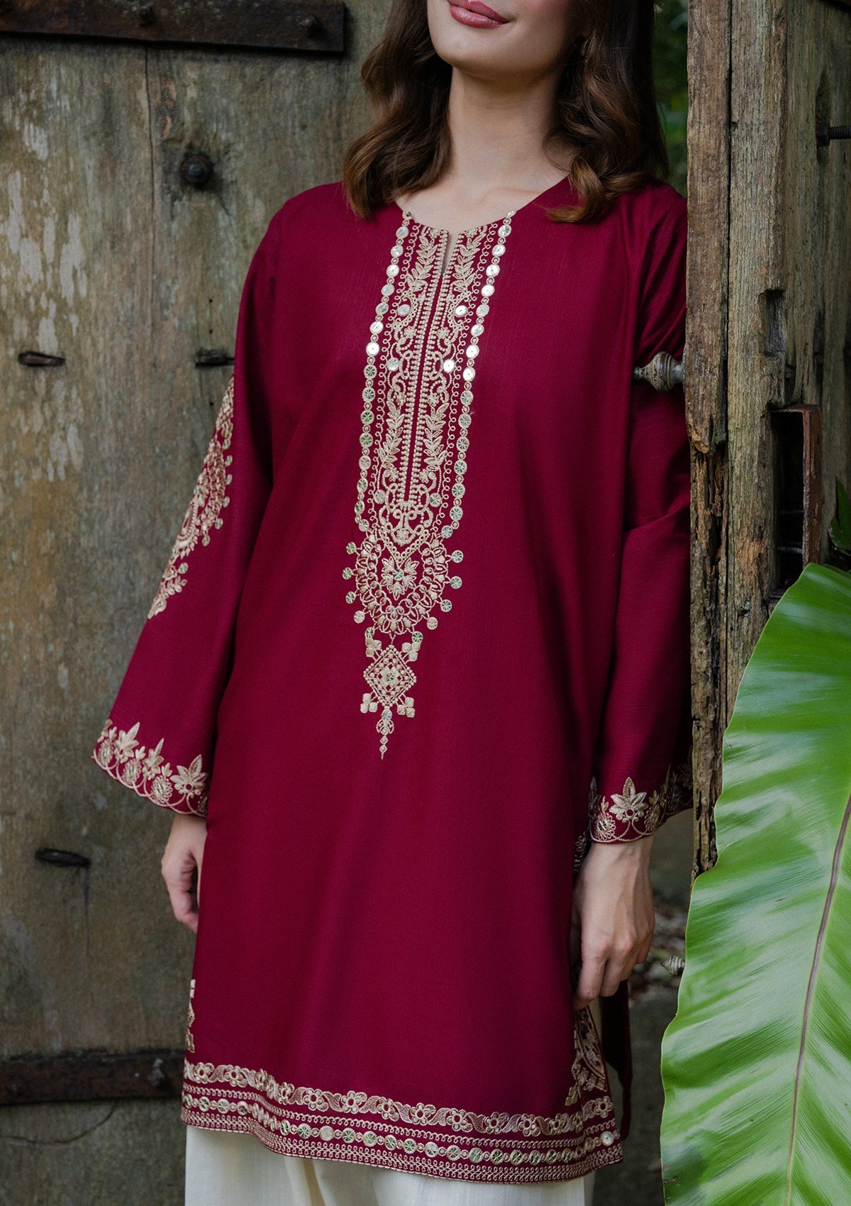 Maroon Khaddar Straight Kurta Set with Embroidery Online in Sri Lanka India Australia