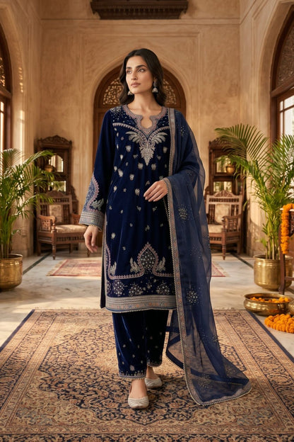 Navy Blue Embroidered Velvet Pakistani Suit Online in Dubai UAE Abudhabi Ajman Sharjah