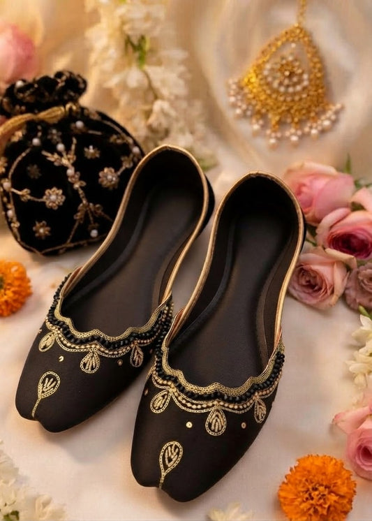Nawab Collection Black Silk Khussa Wedding Shoes Online in KSA Riyadh Saudi Arabia Oman Bahrain Qatar