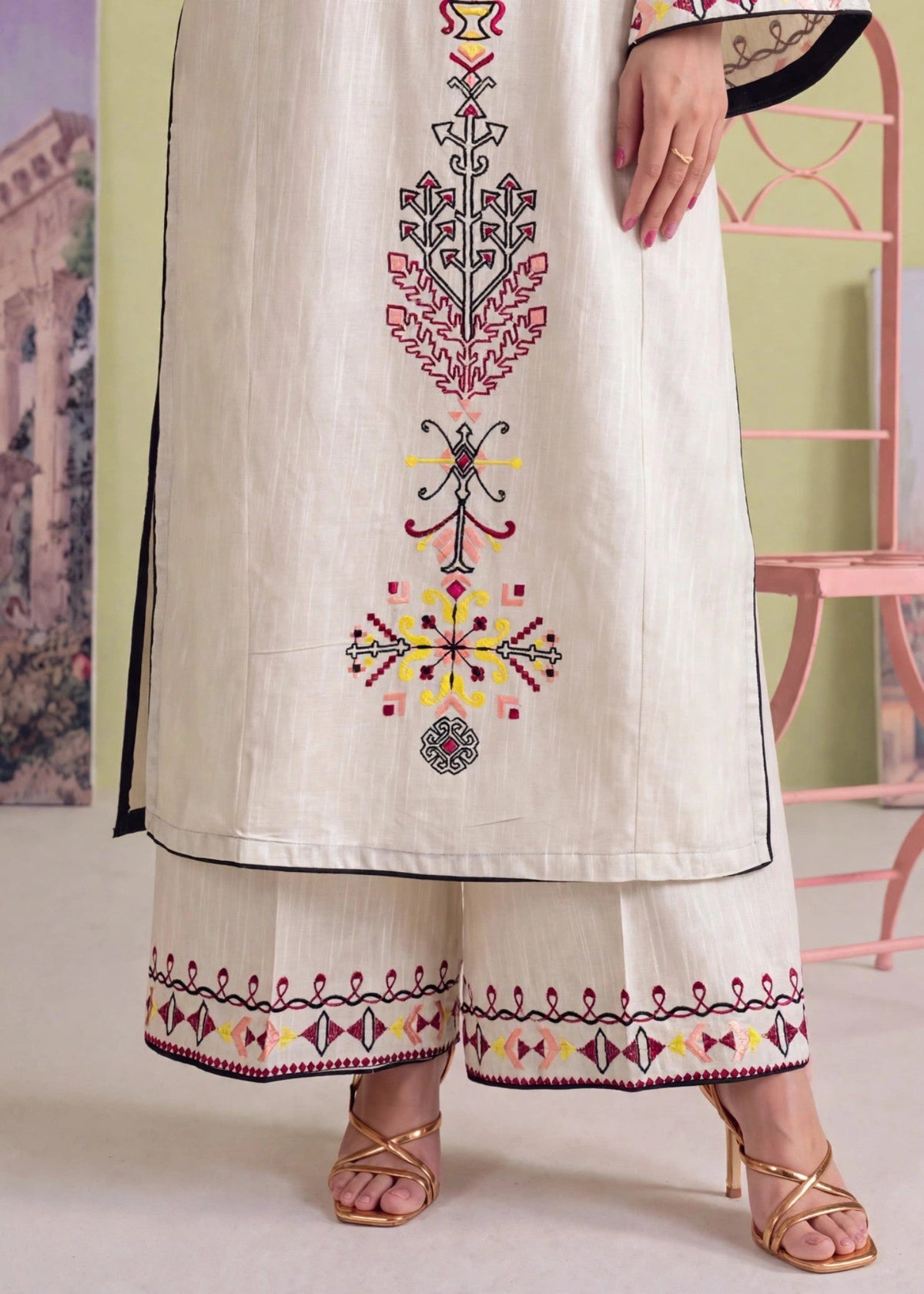 Off-White Embroidered Khaddar Kurta Set Online in Dubai DXB UAE Abudhabi Meena Bazaar