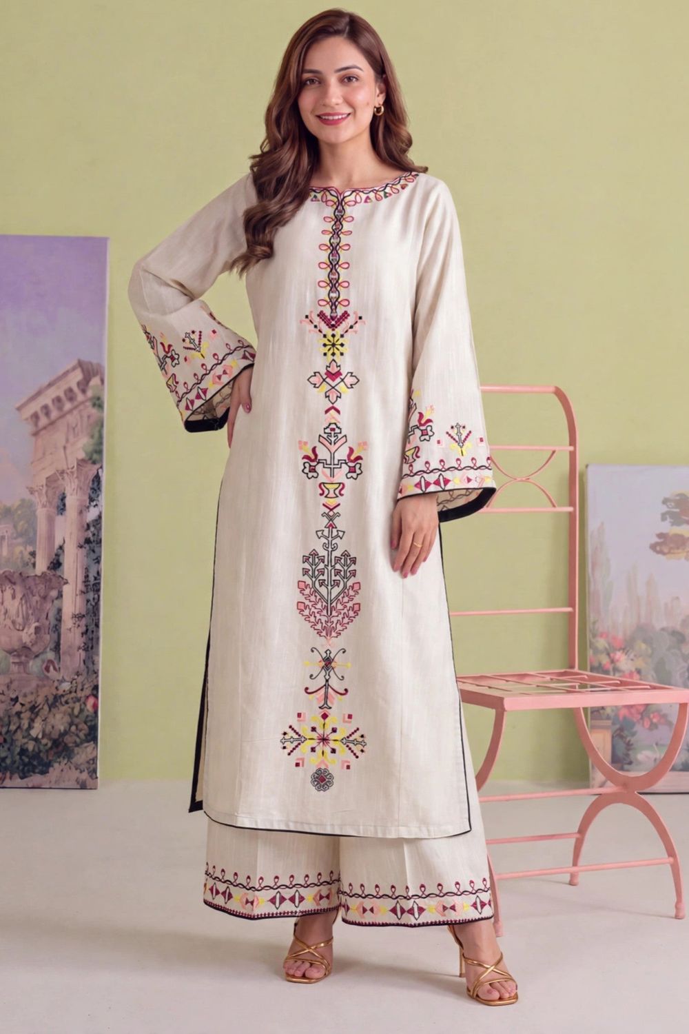 Off-White Embroidered Khaddar Kurta Set Online in Dubai UAE Abudhabi Ajman Sharjah