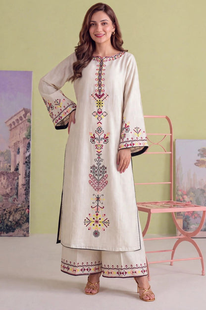 Off-White Embroidered Khaddar Kurta Set Online in Dubai UAE Abudhabi Ajman Sharjah