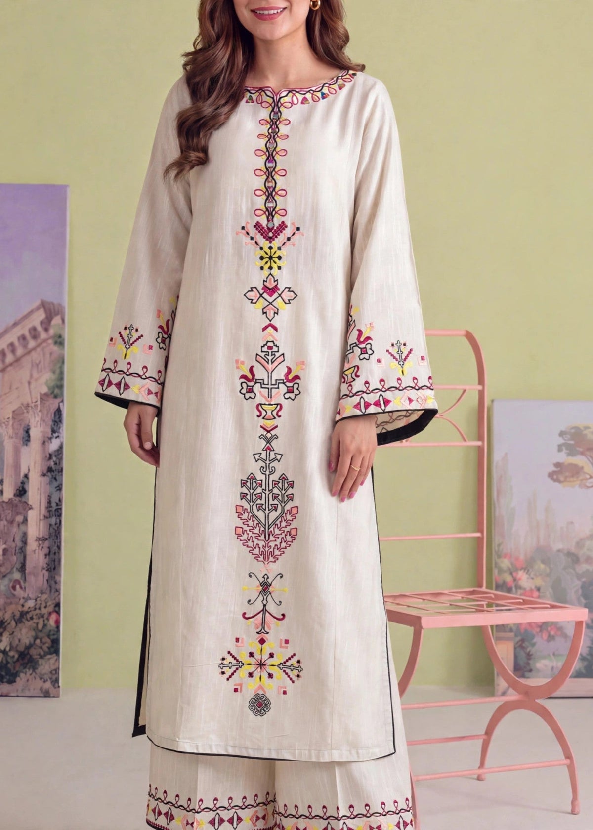 Off-White Embroidered Khaddar Kurta Set Online in UK USA Canada