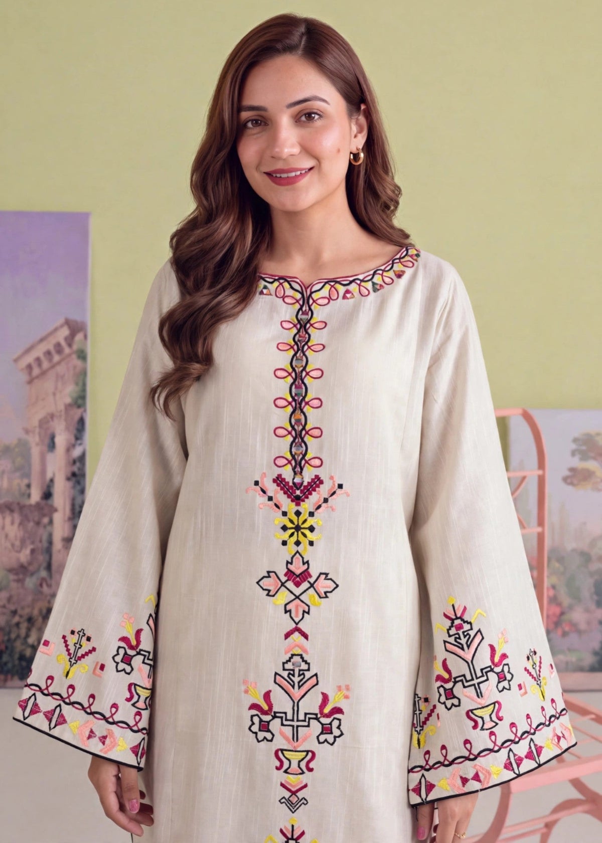 Off-White Embroidered Khaddar Pakistani Suit Online in KSA Riyadh Saudi Arabia Oman Bahrain Qatar