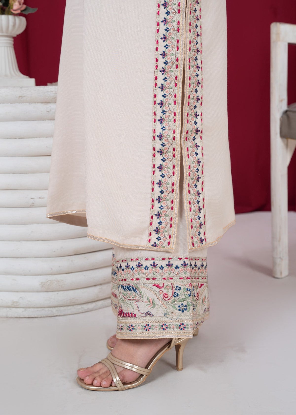 Off-White Embroidered Raw Silk Designer Salwar Suit Online in UK USA Canada