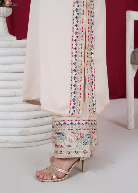 Off-White Embroidered Raw Silk Designer Salwar Suit Online in UK USA Canada