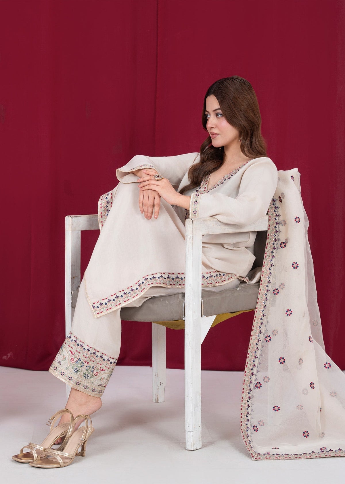 Off-White Embroidered Raw Silk Ladies Salwar Kameez Online in Sri Lanka India Australia