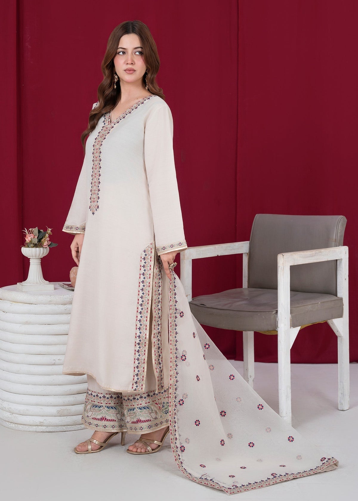 Off-White Embroidered Raw Silk Pakistani Designer Suit Online in Dubai DXB UAE Abudhabi Meena Bazaar
