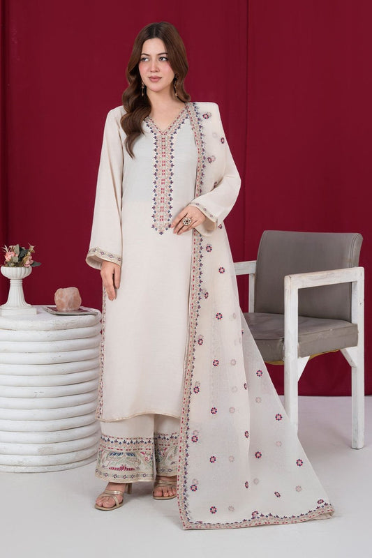 Off-White Embroidered Raw Silk Pakistani Suit Online in Dubai UAE Abudhabi Ajman Sharjah