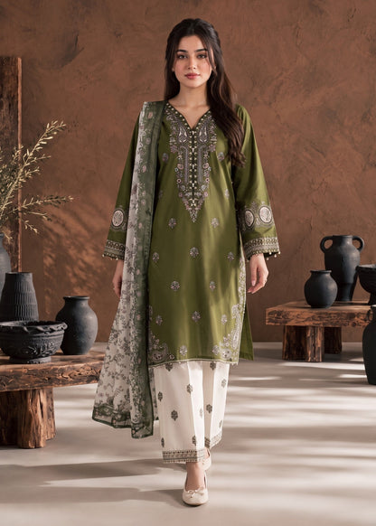 Olive Green Embroidered Cotton Kurta Set Online in UK USA Canada