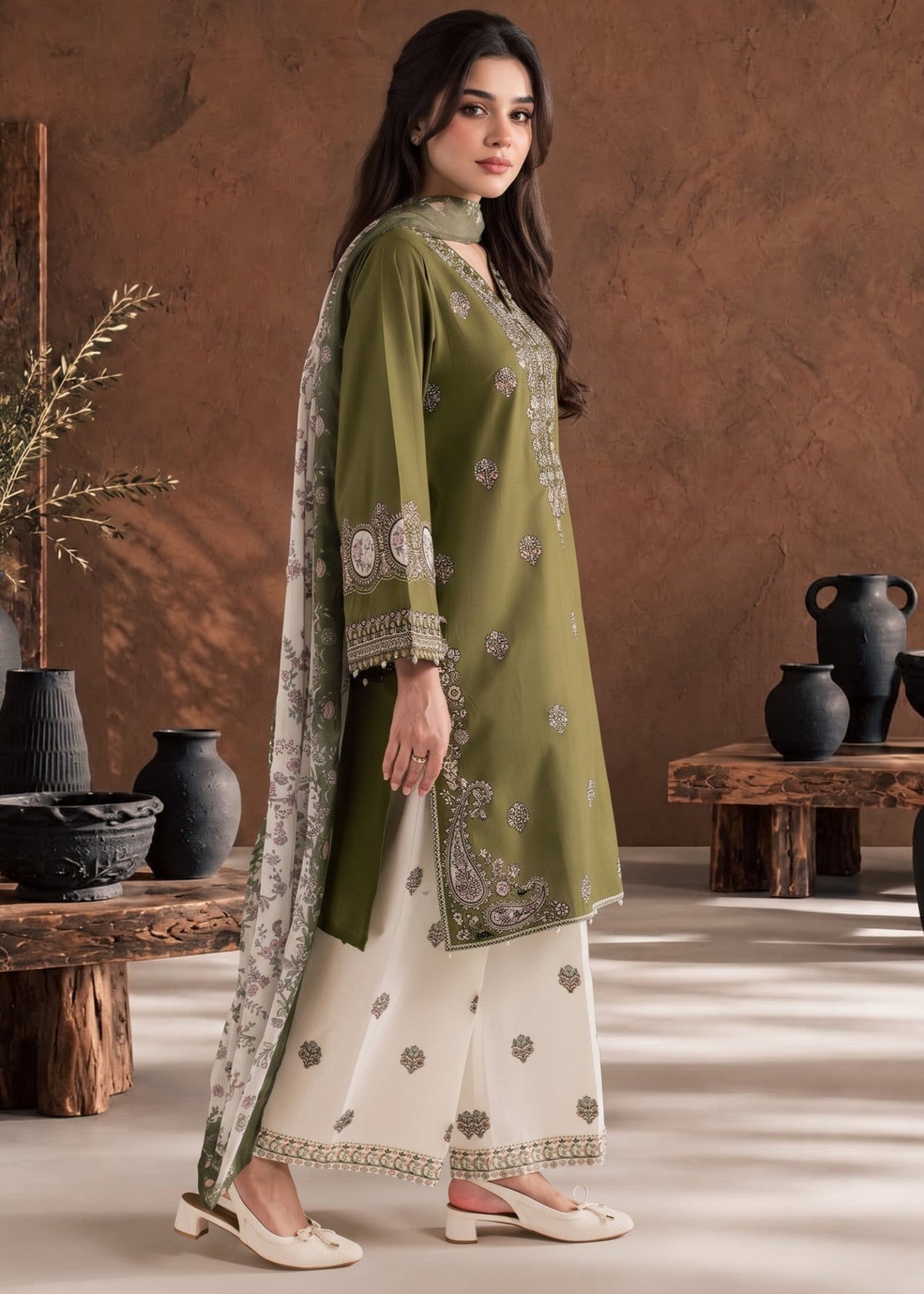 Olive Green Embroidered Cotton Pakistani Clothes Online in Dubai DXB UAE Abudhabi Meena Bazaar
