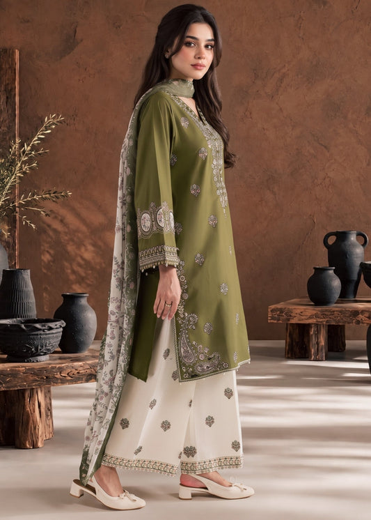Olive Green Embroidered Cotton Pakistani Clothes Online in Dubai DXB UAE Abudhabi Meena Bazaar