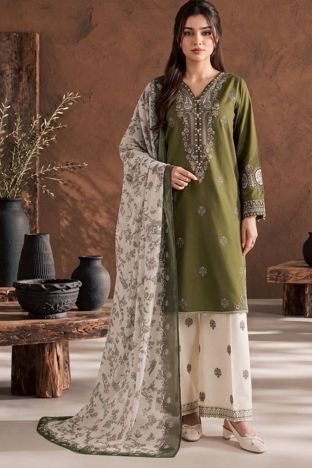 Olive Green Embroidered Cotton Pakistani Suit Online in Dubai UAE Abudhabi Ajman Sharjah