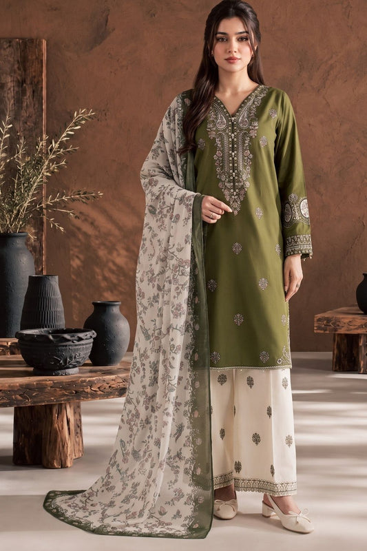 Olive Green Embroidered Cotton Pakistani Suit Online in Dubai UAE Abudhabi Ajman Sharjah