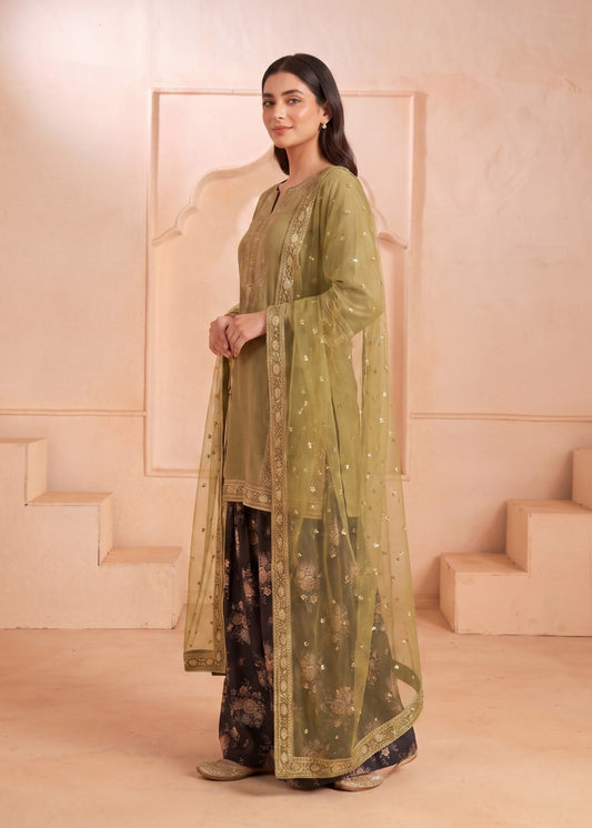 Olive Green Embroidered Raw Silk Designer Salwar Kameez Online in UK USA Canada