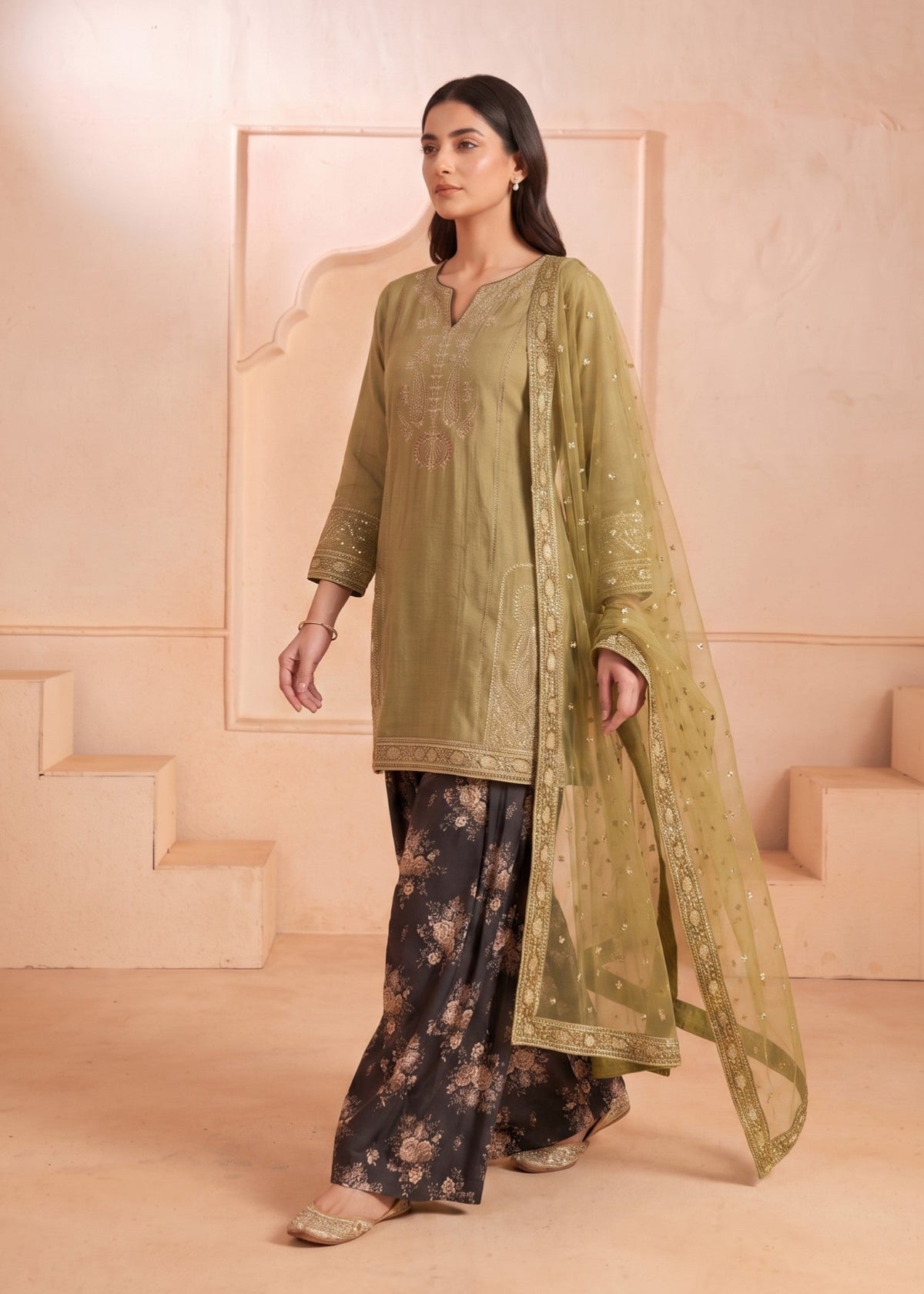 Olive Green Embroidered Raw Silk Ladies Partywear Suit Online in Sri Lanka India Australia