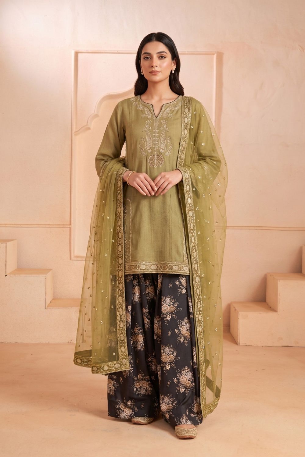 Olive Green Embroidered Raw Silk Pakistani Suit Online in Dubai UAE Abudhabi Ajman Sharjah