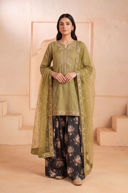 Olive Green Embroidered Raw Silk Pakistani Suit Online in Dubai UAE Abudhabi Ajman Sharjah
