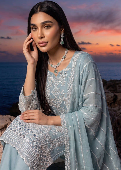 Pakistani Designer Ice Blue Chiffon Salwar Kameez Online in KSA Riyadh Saudi Arabia Oman Bahrain Qatar