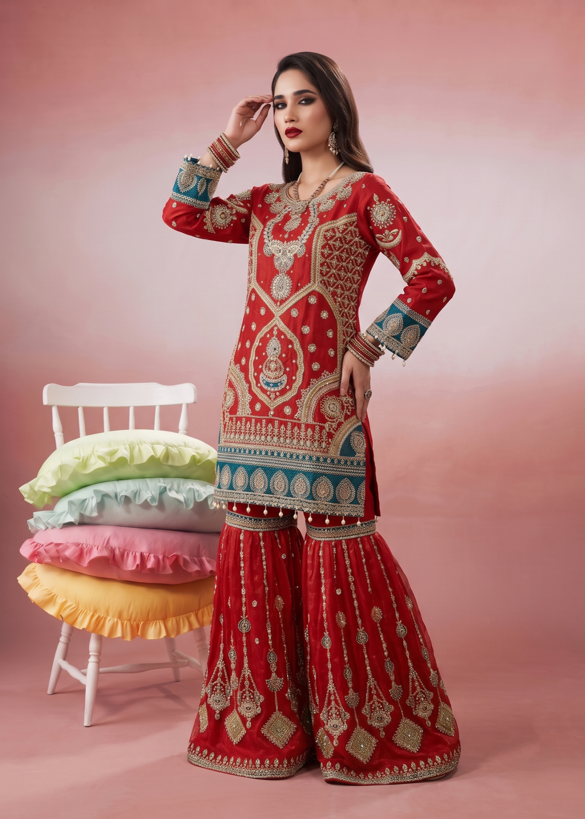 Pakistani Designer Rust Red Organza Gharara Online in KSA Riyadh Saudi Arabia Oman Bahrain Qatar
