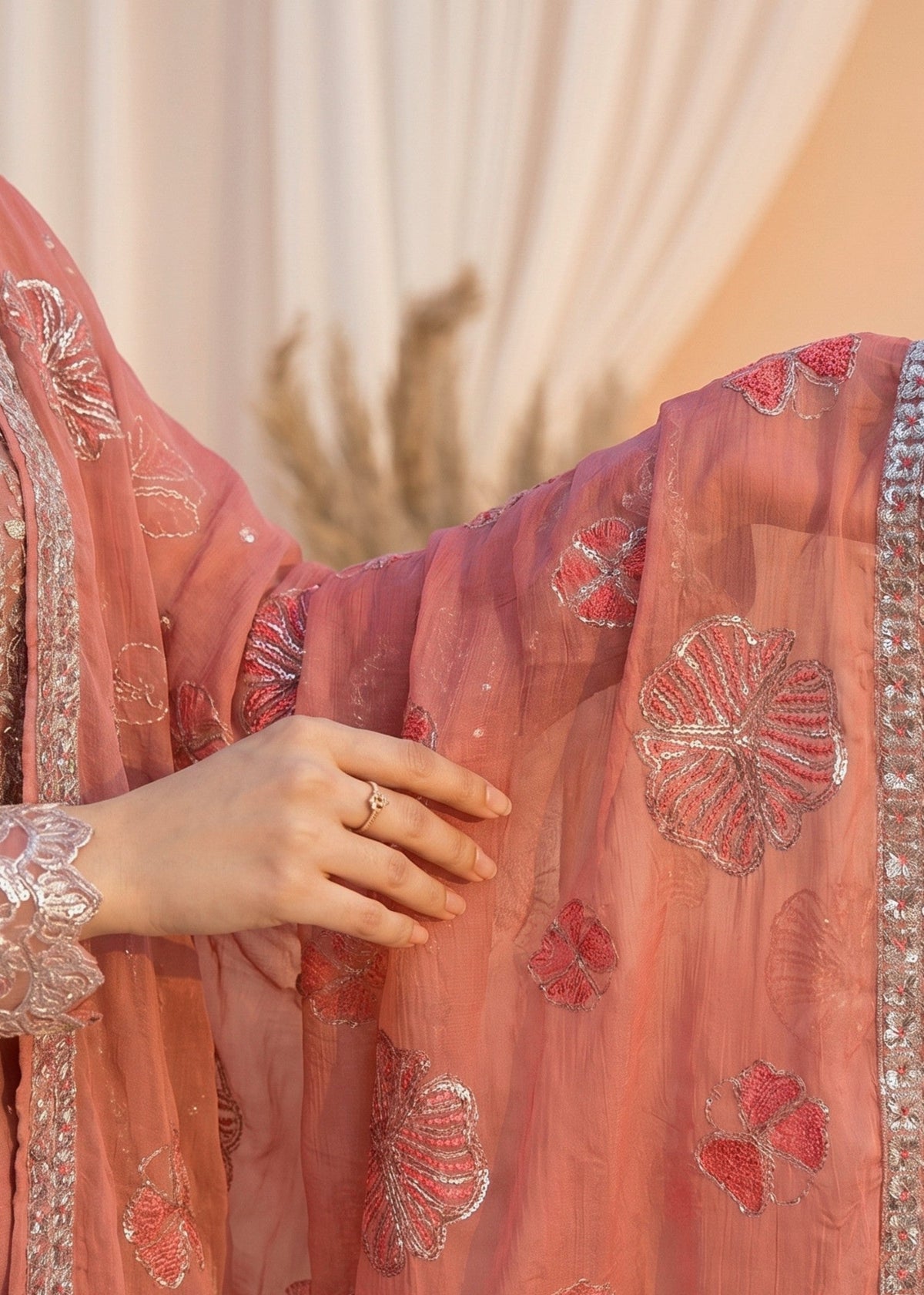 Peach Pink Chiffon Embroidered Suit Online in Dubai UAE Abudhabi Ajman Sharjah
