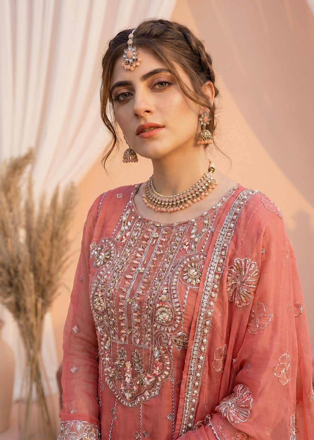 Peach Pink Chiffon Festive Suit Online in Dubai DXB UAE Abudhabi Meena Bazaar