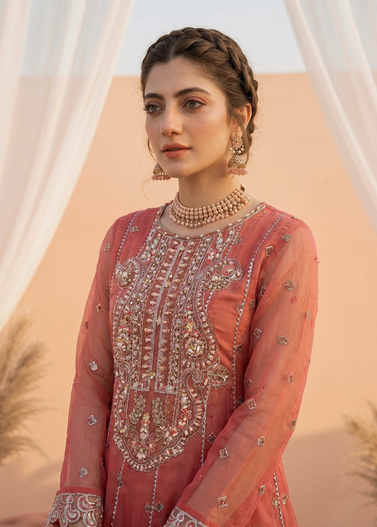 Peach Pink Chiffon Pakistani Partywear Suit Online in KSA Riyadh Saudi Arabia Oman Bahrain Qatar