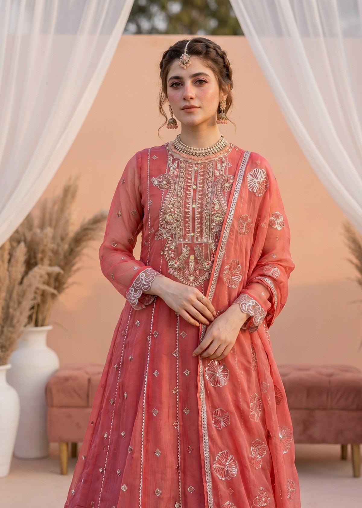 Peach Pink Chiffon Straight Trouser Suit Online in Dubai UAE Abudhabi Ajman Sharjah