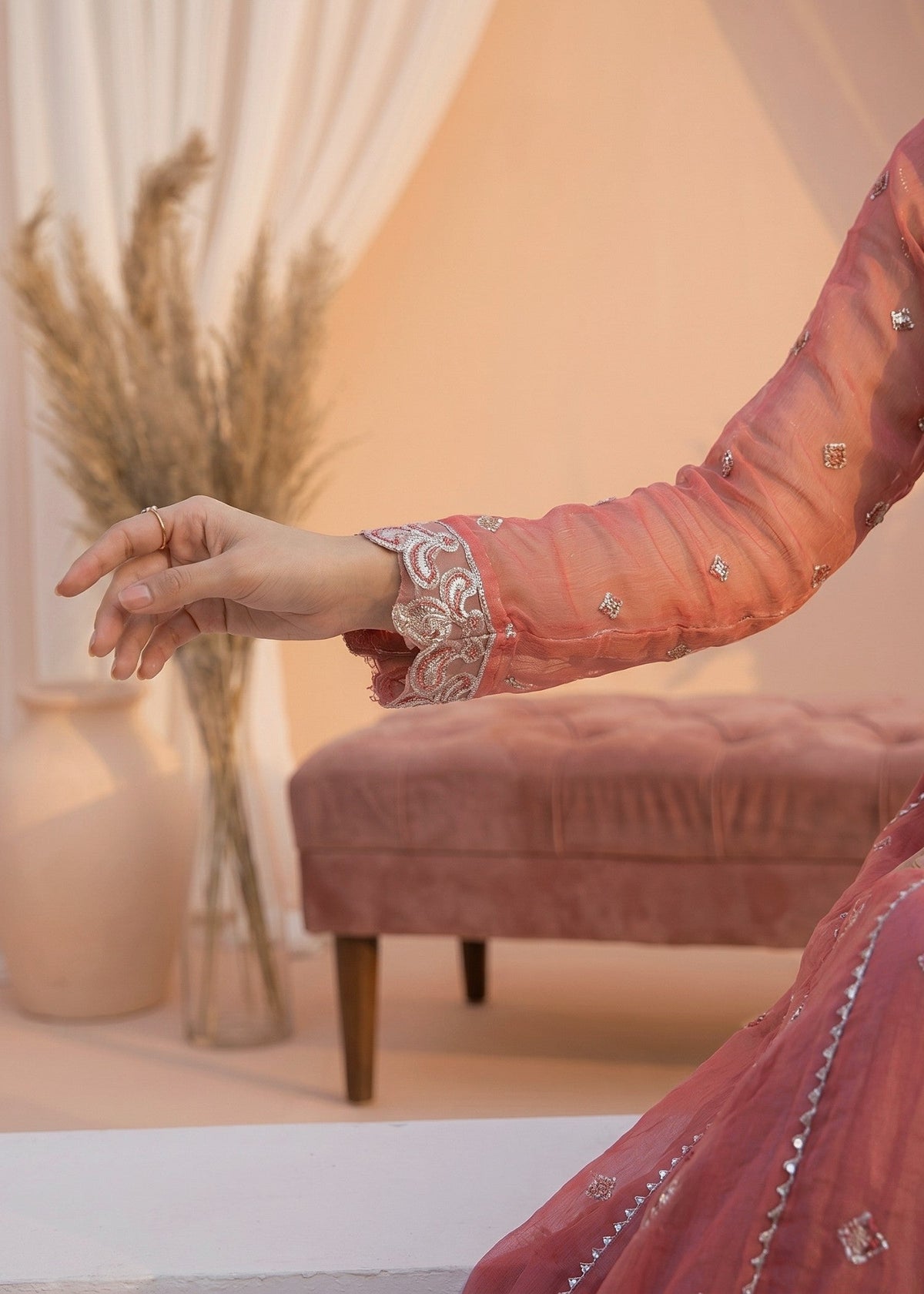 Peach Pink Embroidered Chiffon Pakistani Designer Suit Online in Sri Lanka India Australia