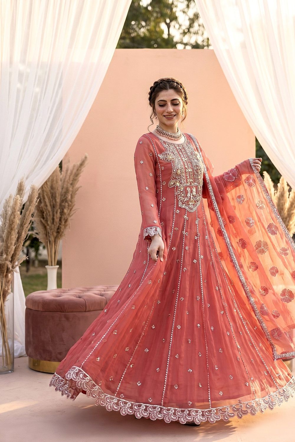 Peach Pink Embroidered Chiffon Partywear Suit Online in Dubai UAE Abudhabi Ajman Sharjah