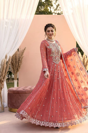 Peach Pink Embroidered Chiffon Partywear Suit Online in Dubai UAE Abudhabi Ajman Sharjah