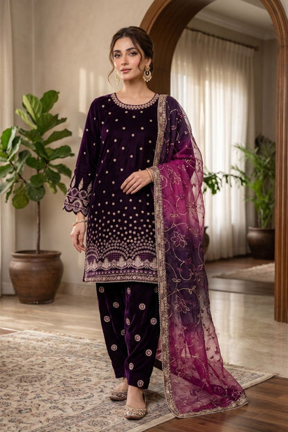 Plum Embroidered Velvet Pakistani Suit Online in Dubai UAE Abudhabi Ajman Sharjah