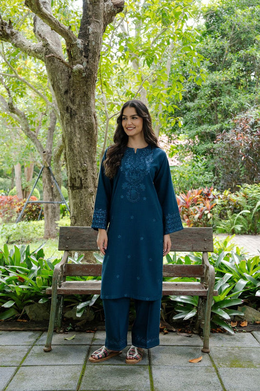 Prussian Blue Embroidered Khaddar Kurta Set Online in Dubai UAE Abudhabi Ajman Sharjah