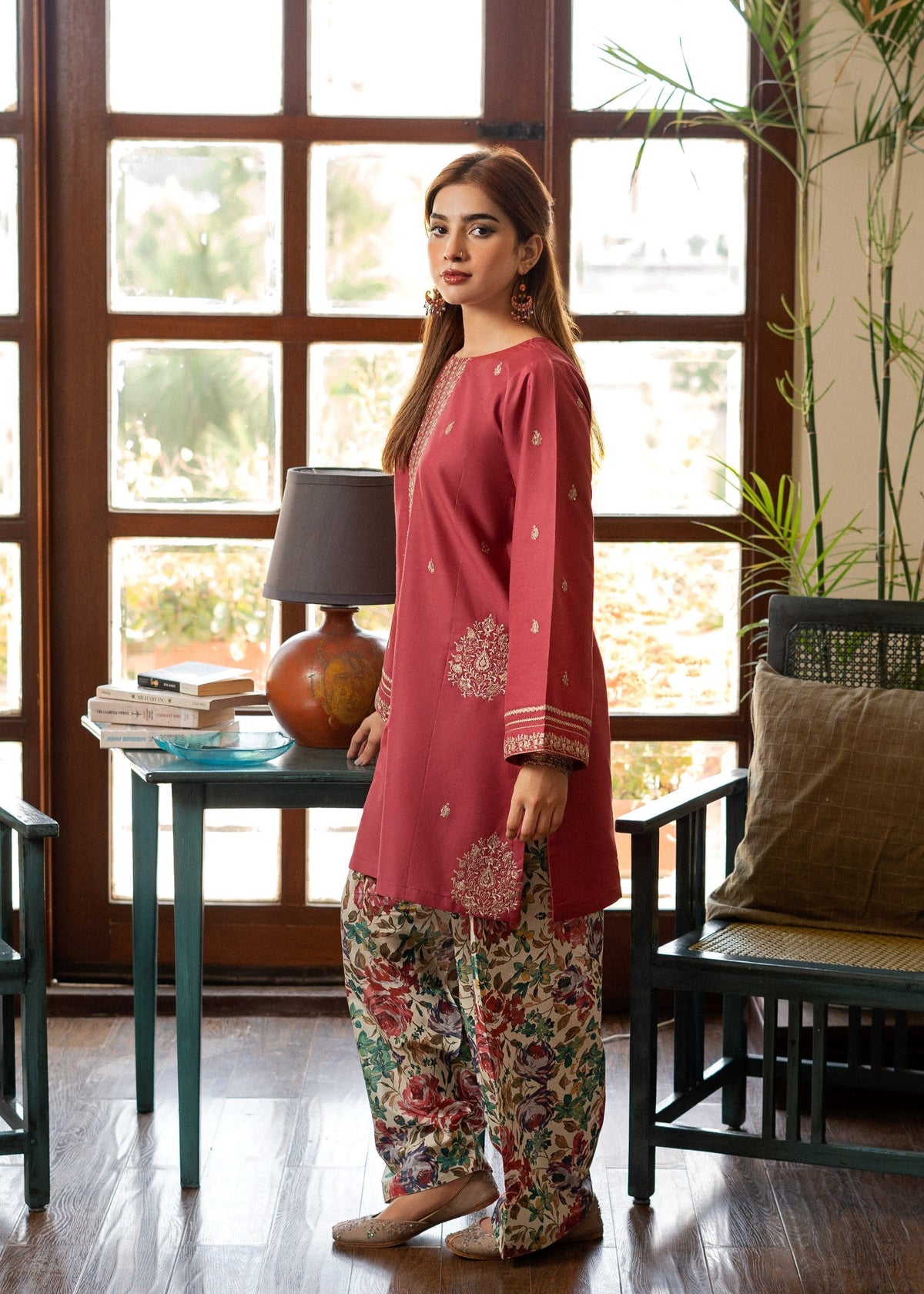 Raspberry Pink Embroidered Lawn Farshi Shalwar Kurta Set Online in Dubai DXB UAE Abudhabi Meena Bazaar