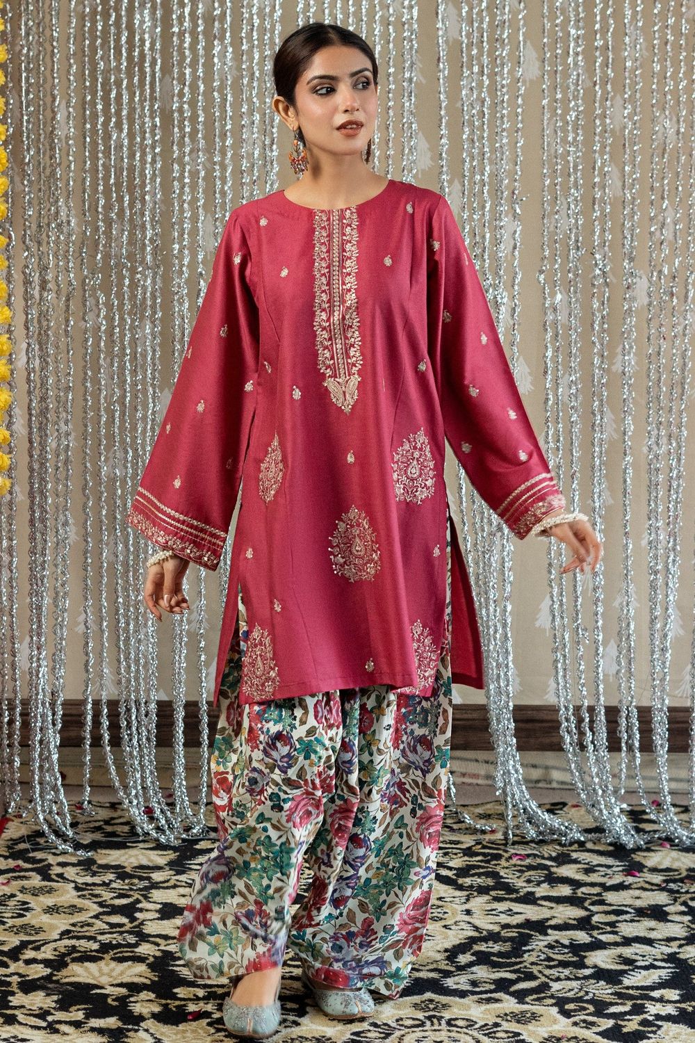 Raspberry Pink Embroidered Lawn Farshi Shalwar Kurta Set Online in Dubai UAE Abudhabi Ajman Sharjah